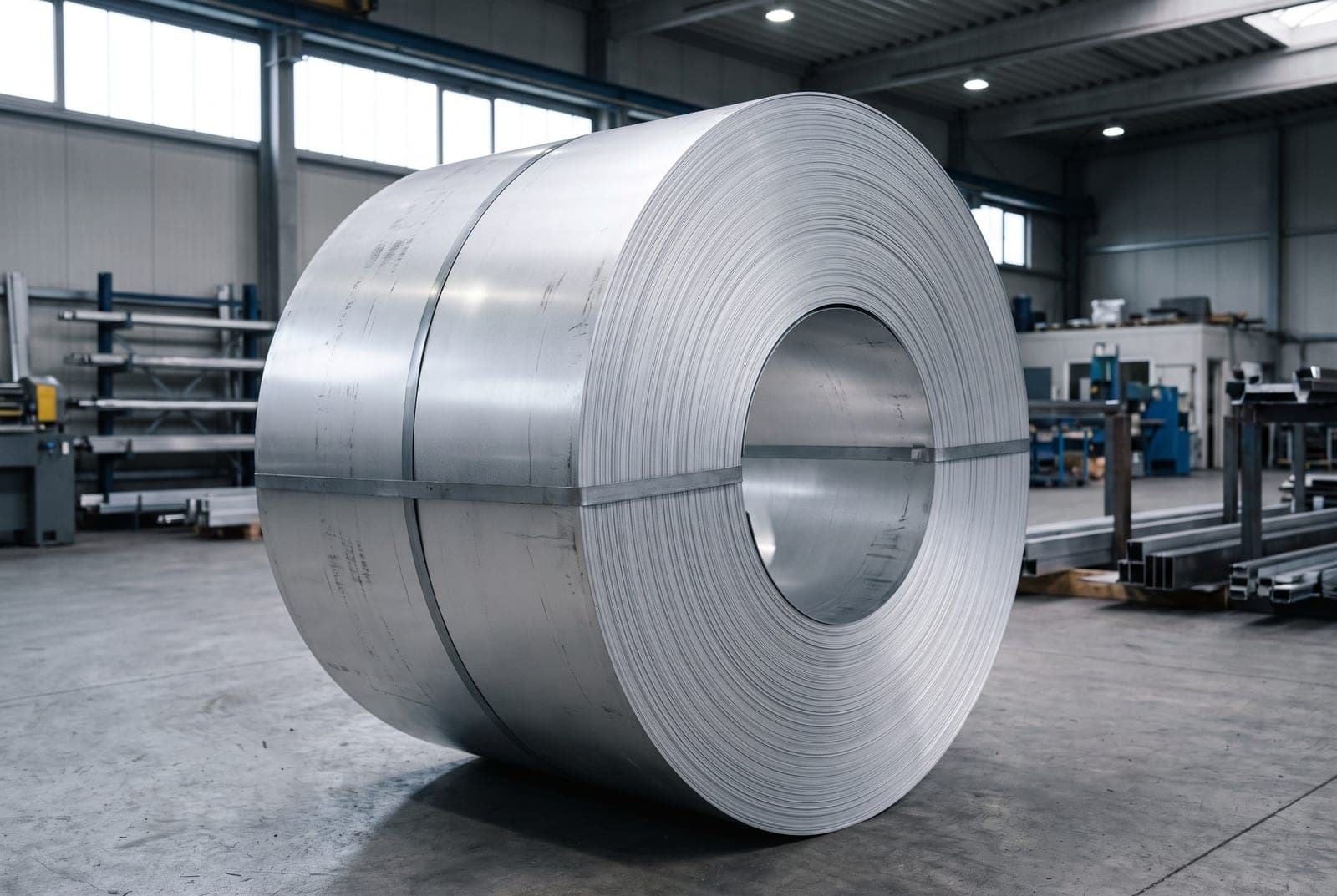 Großcoil aus blankem Aluminiumband liegend auf dem Hallenboden